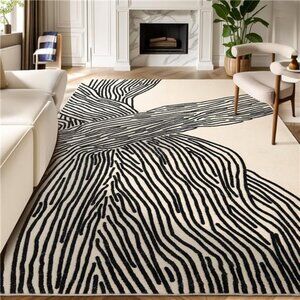 5×8 Ft Area Rugs, Abstract Washable Rug, Modern Black and White Rug